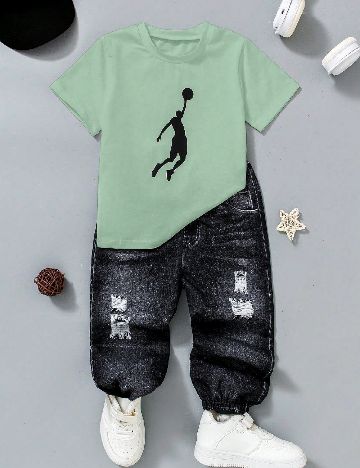 Set tricou si pantaloni Shein Kids, verde/negru