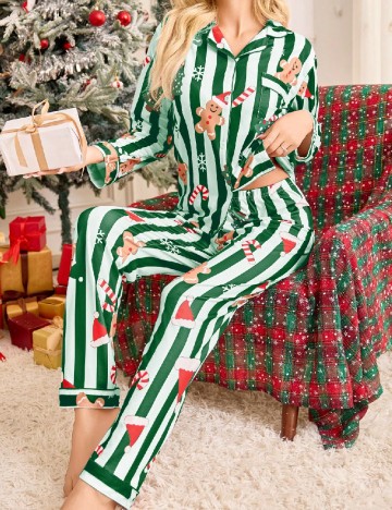 Pijama SHEIN, alb/verde