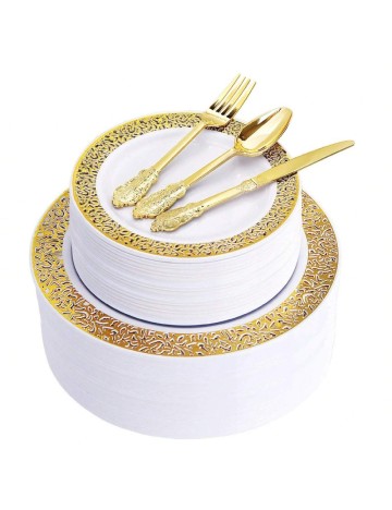 Set farfurii si tacamuri din plastic, 250 bucati SHEIN, alb