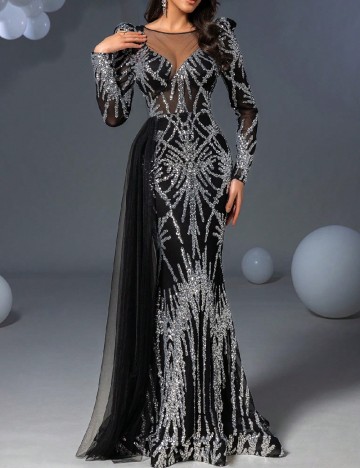 Rochie lunga Faeriesty, negru/argintiu