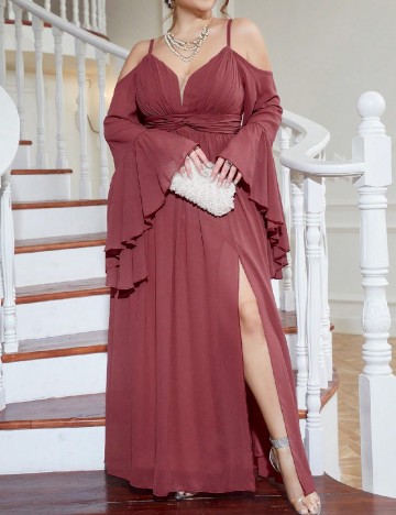 Rochie lunga UNITHORSE Plus Size, roz pudra inchis