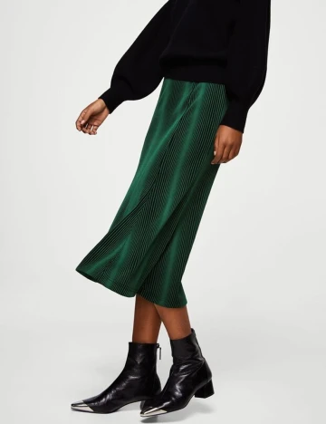 Fusta midi plisata, verde inchis